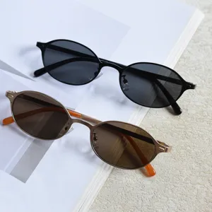 Vue détaillée de lunettes de soleil ovales rétro en métal noir et marron, style à plat.