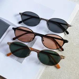 Vue détaillée de lunettes de soleil vintage à petite monture ovale métallique et verres colorés.