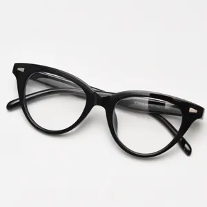 Detailed close-up view of stylish black cat-eye eyeglass frame, vintage optical glasses design.