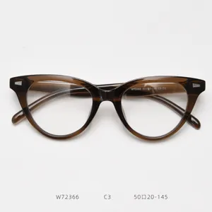 Detailed view of fashionable brown cat-eye optical glasses frame, vintage style and clear lenses.