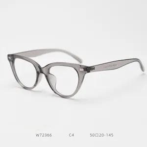 Grey cat-eye optical glasses frame detail shot, showing stylish translucent acetate temple design.