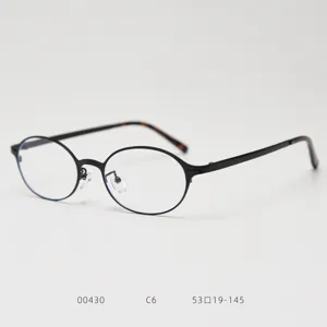 Vue détaillée d'une monture de lunettes ovale en métal noir avec plaquettes de nez réglables.