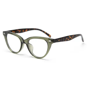 Retro cat eye eyeglasses frame with olive green front and tortoiseshell temples for daily use.