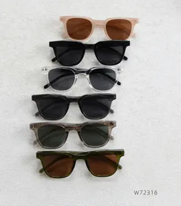 Detail shot of various colored TR90 square frame polarized sunglasses, stacked neatly.