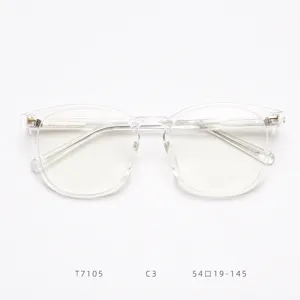 Vista detallada de la montura transparente, diseño vintage de gran marco, gafas ópticas ligeras.