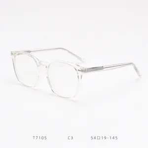 Primer plano detallado de gafas con montura transparente y patillas metálicas, diseño.