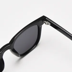 Close-up detail of black sunglasses frame and metal hinge, showing fine craftsmanship.