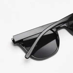Detailed close-up of trendy black polarized sunglasses, lightweight TR90 frame, UV protection.