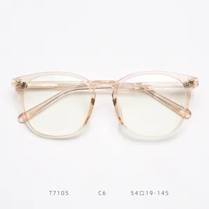 Vista detallada de la montura de gafas rosa transparente, diseño retro grande para uso diario.