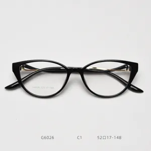 Black cat eye glasses frame detail view, stylish TR90 material with metal details, size 52-17-148.