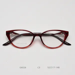 Close-up detail of stylish cat-eye TR90 eyeglasses frame in red gradient, modern daily design.