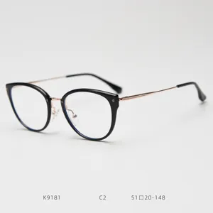 Vista dettagliata della montatura per occhiali cat-eye con metallo sottile e acetato nero.