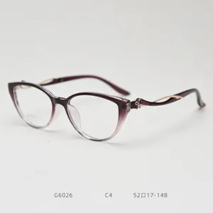 Detail view of fashionable cat-eye TR90 optical glasses frame with gradient purple finish.