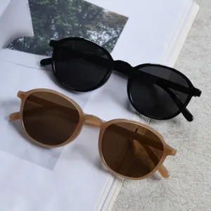 Close-up detail of retro round polarized sunglasses with TR90 frames for men and women.