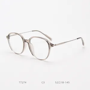 Transparent grey round eyeglasses frame with thin metal temples, lightweight optical frame for daily wear.