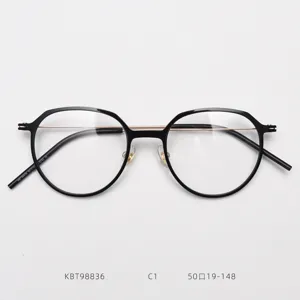 Close-up detail of stylish round eyeglasses frame with black rim and double metal bridge.