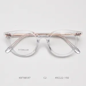 Closeup of clear acetate optical glasses frame with rose gold metal details and titanium lens.