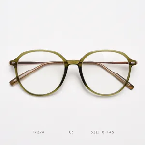 Stylish TR90 optical glasses frame with round olive green rim and rose gold metal temples.