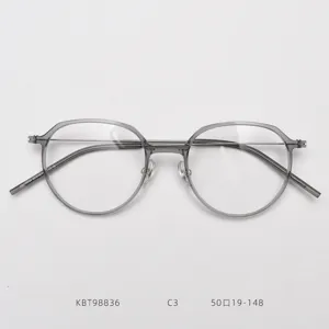 Detailed view of lightweight titanium round optical glasses frame in sleek grey finish.