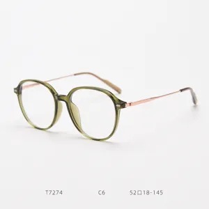 Classic round TR90 eyeglasses frame with slim rose gold metal temples, stylish and lightweight.