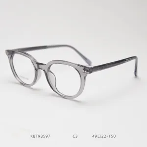 Detailed view of the translucent grey vintage round eyeglasses frame, lightweight design.
