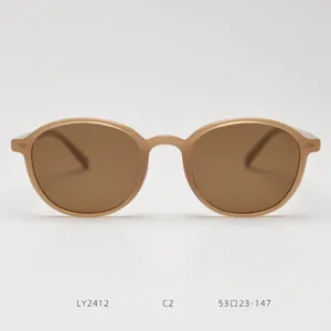 Detailed view of Korean style vintage round sunglasses featuring light brown frame.