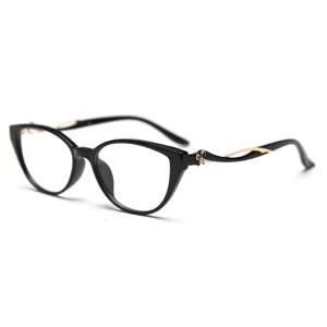 Women cat eye TR90 optical glasses frame, stylish black and gold designer myopia eyewear.
