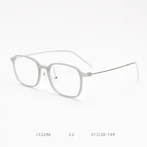 Detailed view of the Korean style TR90 optical glasses frame with grey thin metal temples.