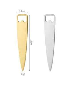 Detailed view of 304 stainless steel bottle opener, 15cm length, gold and silver finishes.