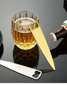 Stainless steel bottle opener, sleek gold and silver bar tool for kitchen and party use.