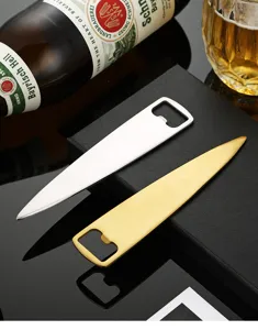 Close up detail shot of stainless steel bottle openers, brushed silver and gold finish bar tool