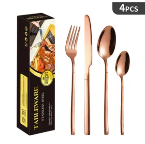 Set di posate da 4 pezzi in acciaio inossidabile color oro rosa, elegante e moderno.