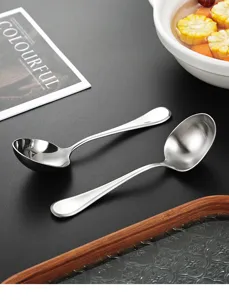 Stainless steel soup spoon detail, thickened deep design for home kitchen and hotel dining.