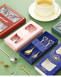 Stainless steel heart spoon and fork gift set, creative coffee spoon and fruit fork for present box.