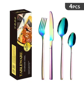 Set di posate arcobaleno in acciaio inossidabile da 4 pezzi coltello forchetta cucchiaio.