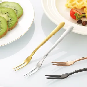 Stainless steel fruit forks set, two-tine design, durable dessert cake forks for home hotel.