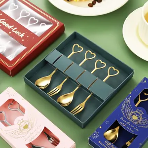 Stainless Steel Heart Shaped Coffee Spoon Fruit Fork Gift Set Mirror Polished Electroplated Cutlery Tableware For Wedding Party Café