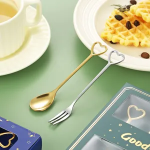 Stainless steel heart-shaped coffee spoon and fruit fork tableware gift set for kitchen.