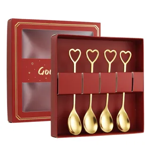 Gold heart-shaped stainless steel coffee spoon set with red gift box for kitchen and gifts