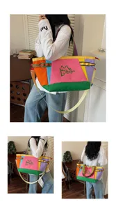 Korean style large capacity color-block canvas tote bag, perfect for daily commute and travel.