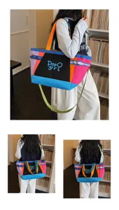 Korean style color-block large capacity canvas tote bag, lightweight commuter shoulder travel bag.