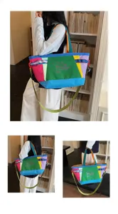 Korean style color block canvas tote bag with large capacity, ideal for commuting and trips.