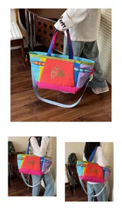 Korean style large capacity color blocking canvas tote bag for outdoor commuting and short trips.