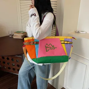Korean style large capacity color-blocked canvas shoulder tote bag for casual commute travel