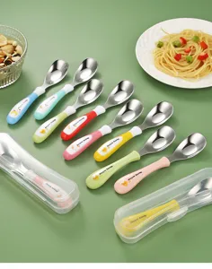 Close-up details of stainless steel children spoons with colorful handles and clear storage box.
