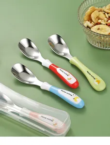 Stainless steel children spoon detail with cartoon handle and portable storage case.