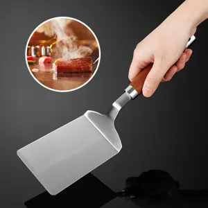 Spatola in acciaio inossidabile con manico in legno per cucina, bistecca e teppanyaki.