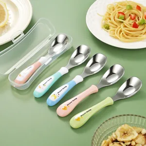 Stainless Steel Kids Spoon Cartoon Cute Toddler Feeding Spoons With Storage Case Mirror Polished Child Dinnerware Baby Gift Utensil