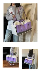 Large capacity travel duffel bag, purple and white multi-pocket weekend bag for fitness.