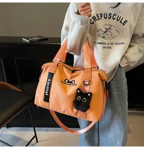 Sac de voyage orange avec pendentif chat mignon, sac de sport et fitness décontracté pour femme
